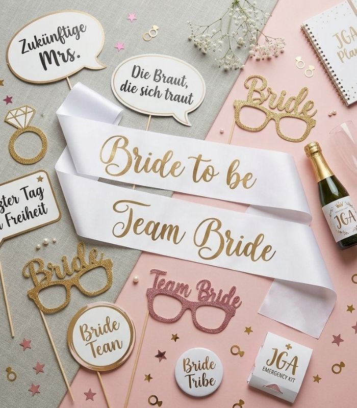 JGA-Set-Foto-Booth-Team-Bride-Bride-to-be JGA Geschenk Set mit Schärpen und Fotorequisiten